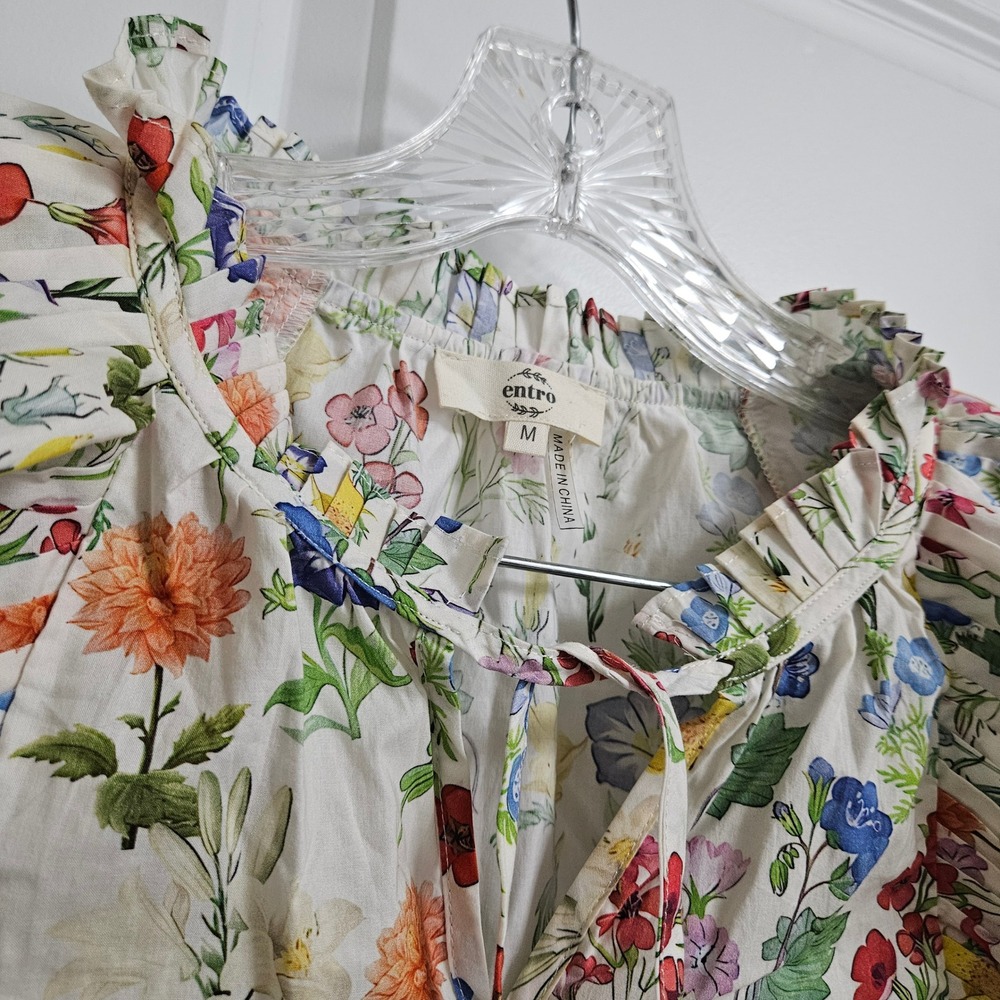 Entro Top Womens M White Floral Ruffle Cap Sleeve Cotton Blouse Boho Cottagecore - Picture 4 of 10